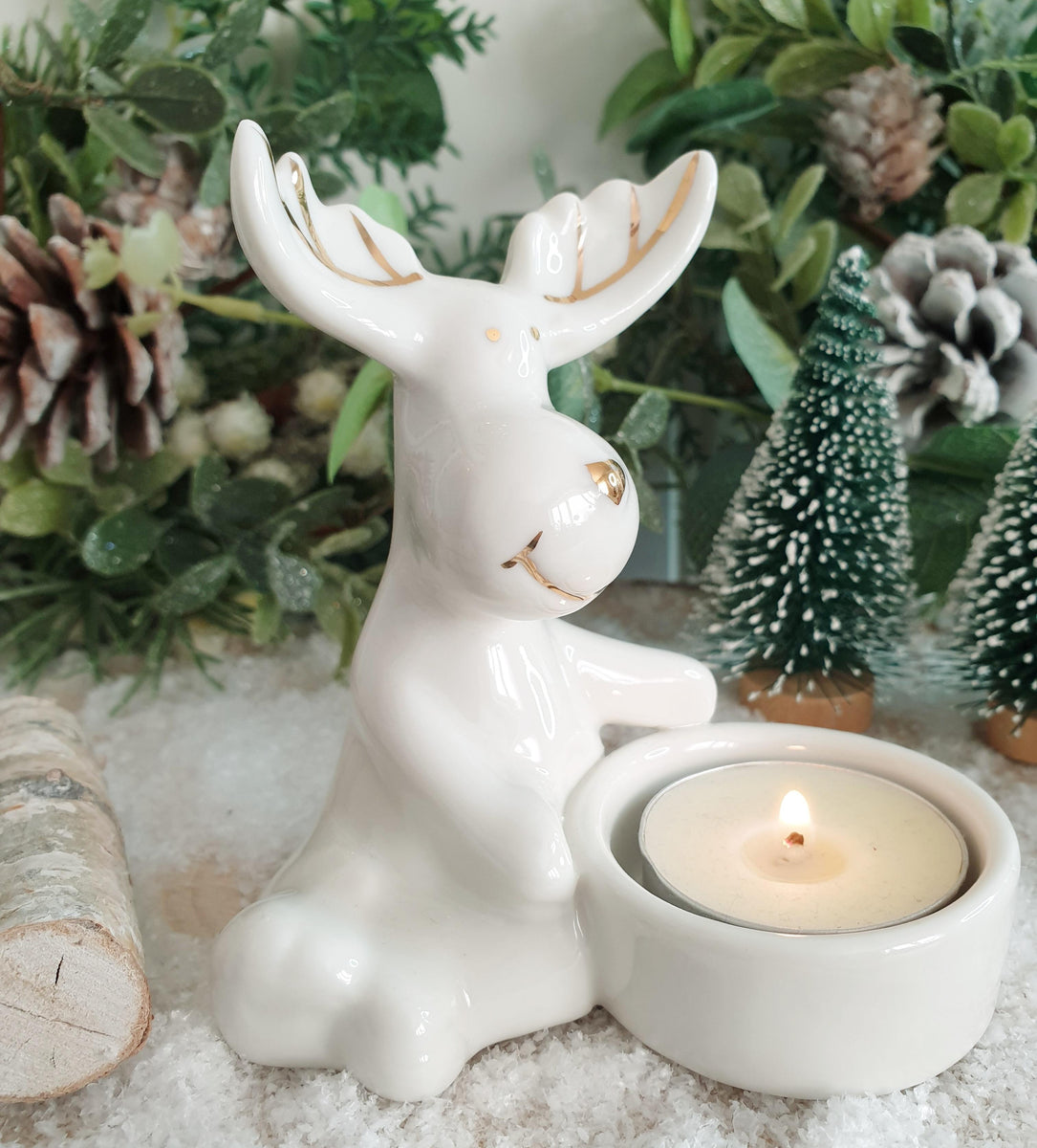 White Gold Tipped Reindeer Tea Light Holder EllieGrey