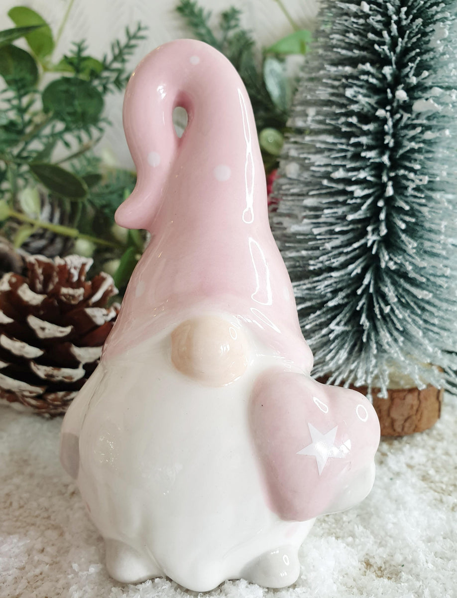 Pink and White Ceramic Gonks holding Hearts EllieGrey