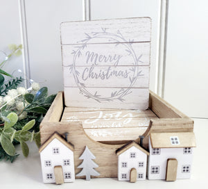 Wooden Scandi House Coaster set - White