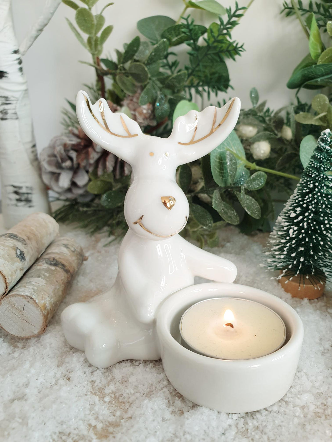White Gold Tipped Reindeer Tea Light Holder