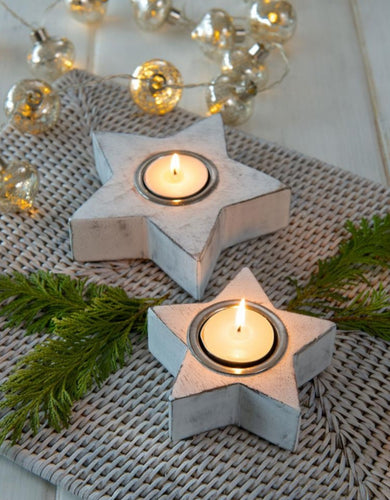Chunky white Star tea light holders - set of 2