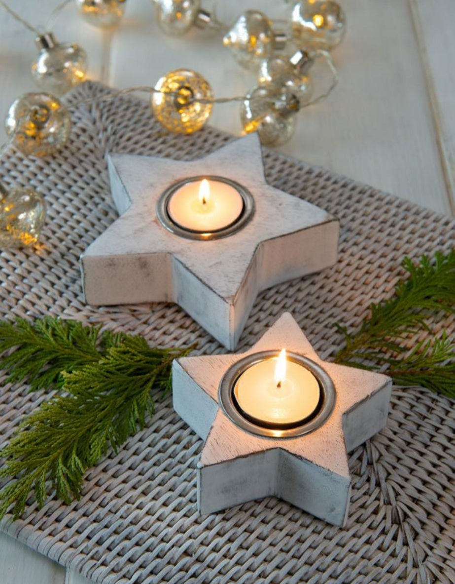 Chunky white Star tea light holders - set of 2
