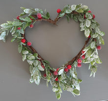 Load image into Gallery viewer, Frosted Foliage and Red berry Heart Wreath
