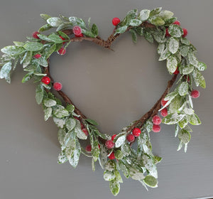 Frosted Foliage and Red berry Heart Wreath