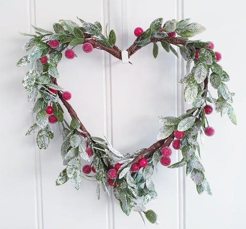 Frosted Foliage and Red berry Heart Wreath