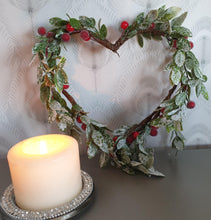 Load image into Gallery viewer, Frosted Foliage and Red berry Heart Wreath