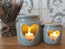 Load image into Gallery viewer, Grey Porcelain tea light lantern with heart cut out and rope handle