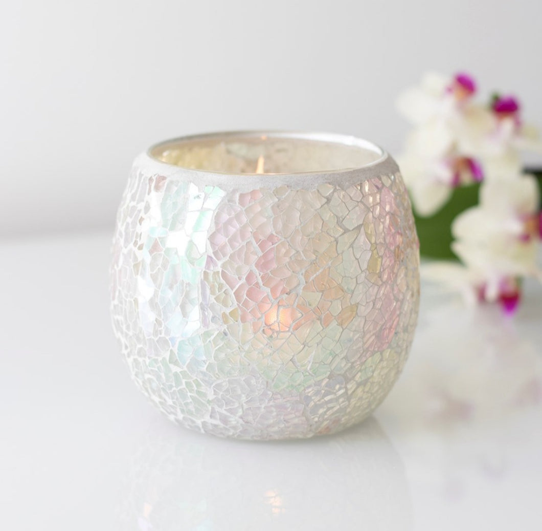 Iridescent White Crackle glaze tea light holder