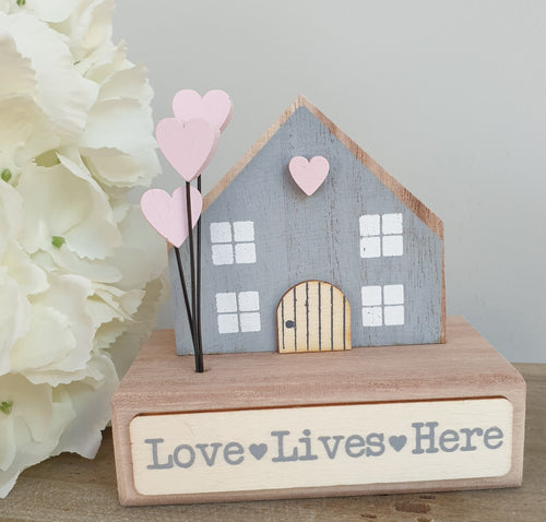 Wooden 'Love Lives Here' House Block