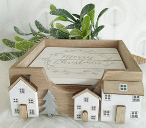 Wooden Scandi House Coaster set - White