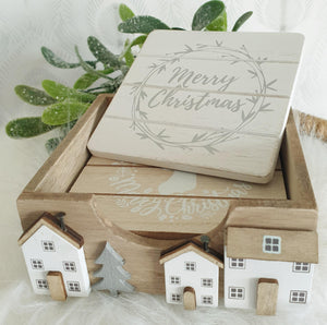 Wooden Scandi House Coaster set - White