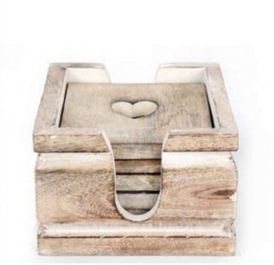 Set of 6 -  Wooden coasters in holder
