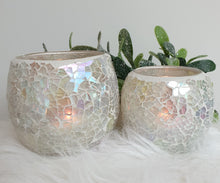 Load image into Gallery viewer, Iridescent White Crackle glaze tea light holder