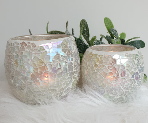 Iridescent White Crackle glaze tea light holder